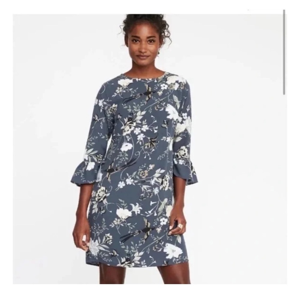 Old Navy Floral Bell Sleeve Shift Dress Blue Bird Butterfly Print Mini Dress NWT